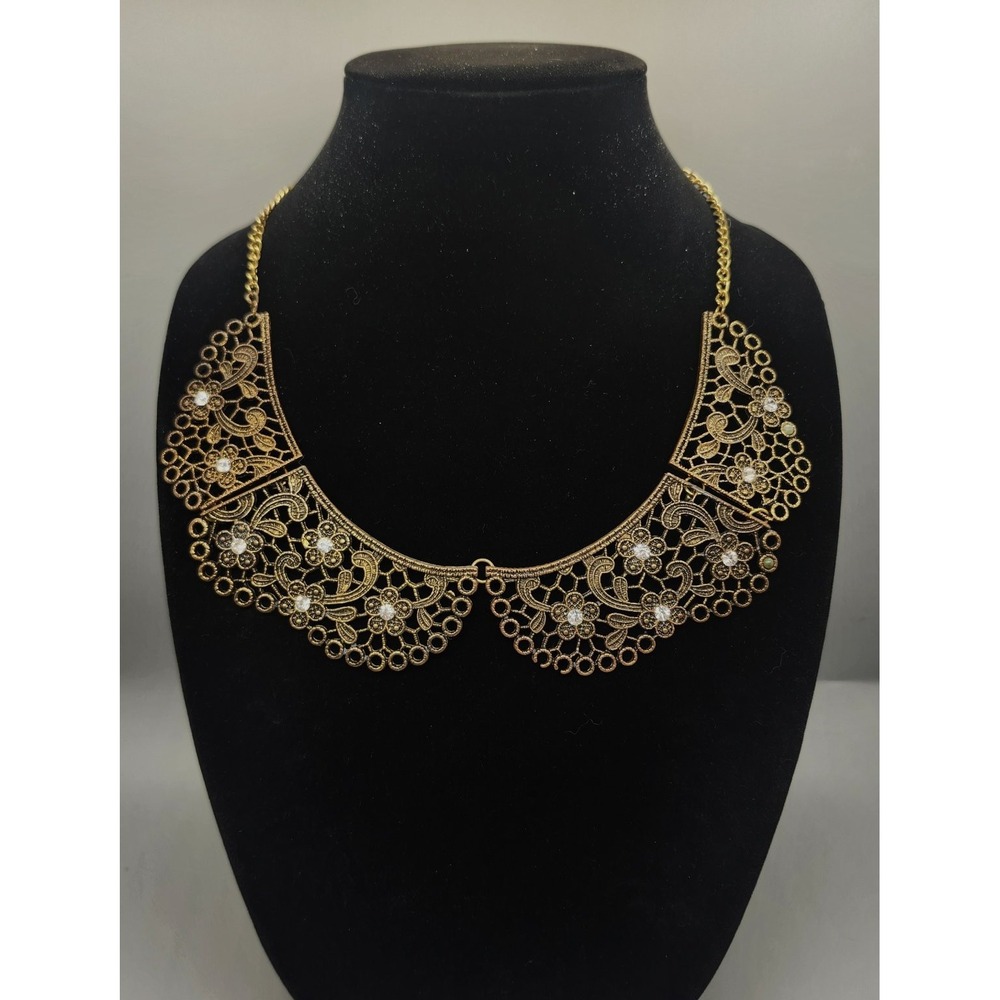 Statement Bib Collar Necklace Adjustable Filigree Floral Rhinestone Antique Gold